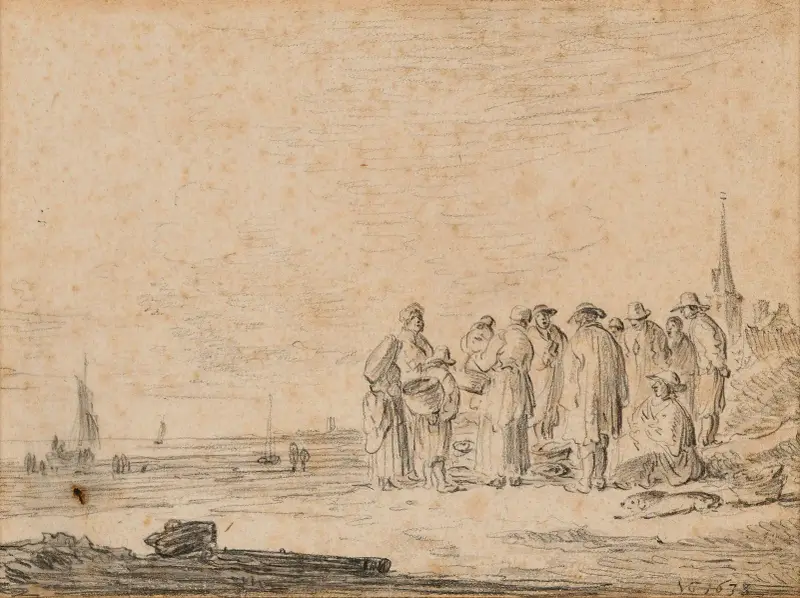 Återkomst från fiske vid strandkanten, en kyrkklocka i bakgrunden av Jan van Goyen