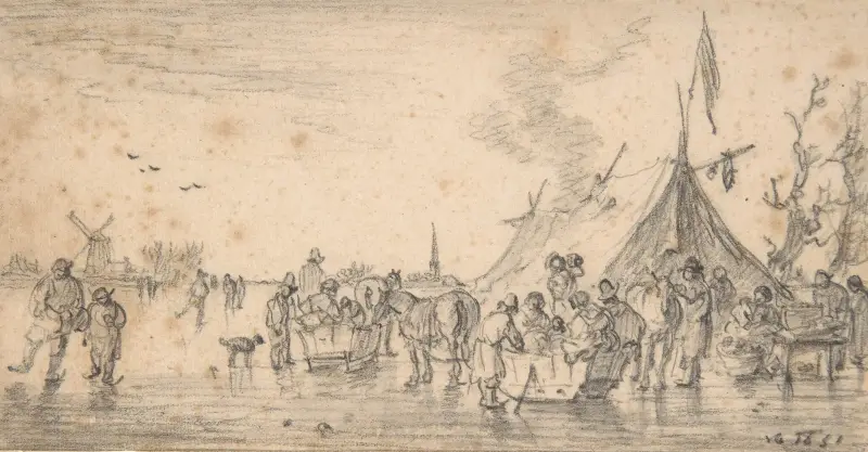 Flodlandskap på vintern med skridskolöpare och slädar av Jan van Goyen