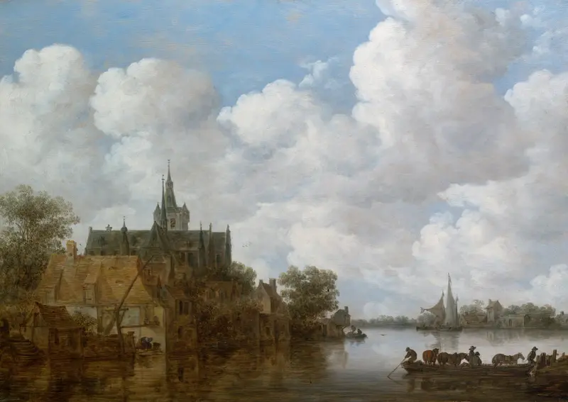 Flodlandskap med färja och kyrka av Jan van Goyen