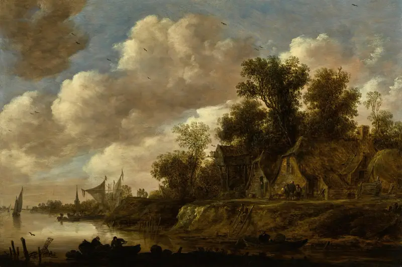 Flodlandskap med bondgårdar och ett duvslag på en hög strandkant av Jan van Goyen