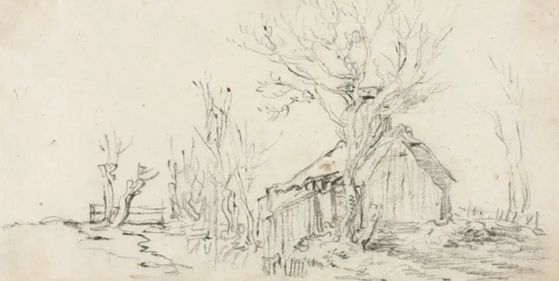 Skiss av landskap med stuga av Jan van Goyen