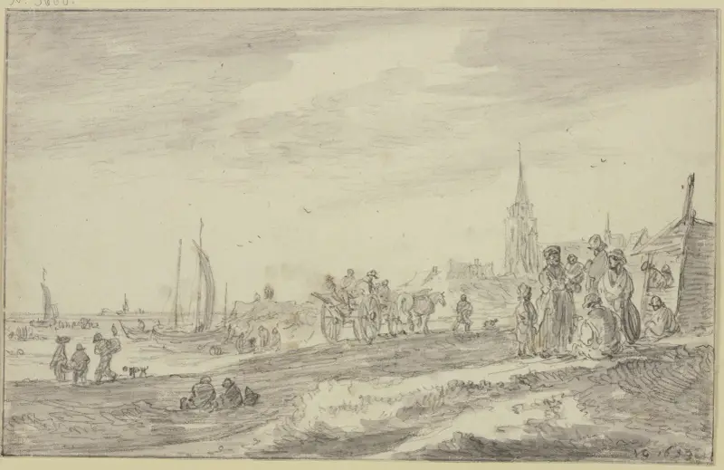 Strand med vagn och många figurer av Jan van Goyen