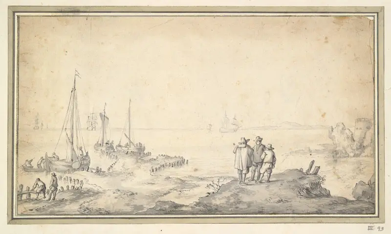 Tre figurer på en dyn med utsikt över vik och fartyg av Jan van Goyen