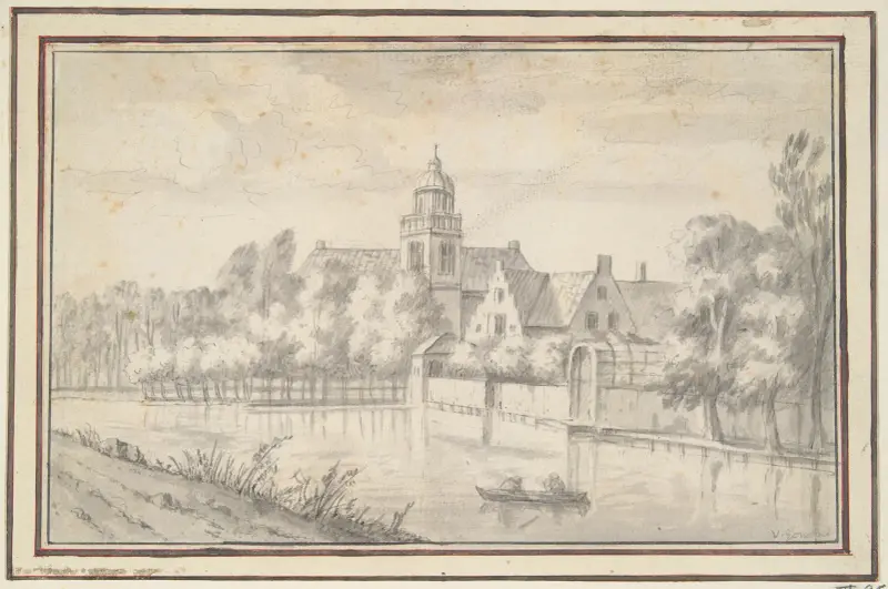 Utsikt över slott och hus vid floden av Jan van Goyen