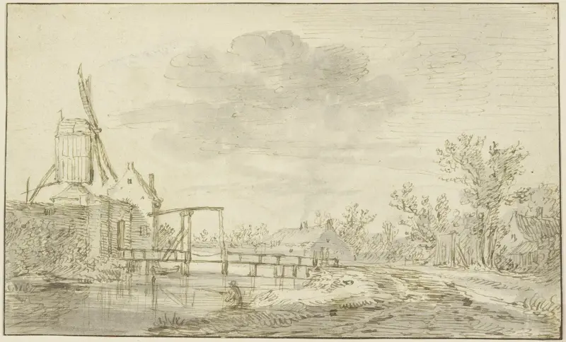 Väderkvarn på en mur till vänster, med en vindbrygga över en bäck av Jan van Goyen