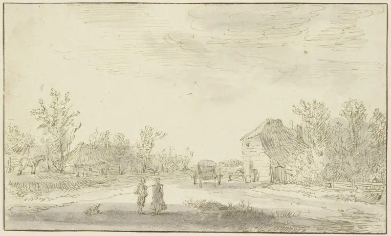 Två figurer och en hund framme på en väg, till höger en kärra vid en gård, bortom träd av Jan van Goyen