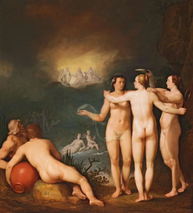 An allegorical scene featuring the Three Graces Aglaia av Cornelis Cornelisz Van Haarlem