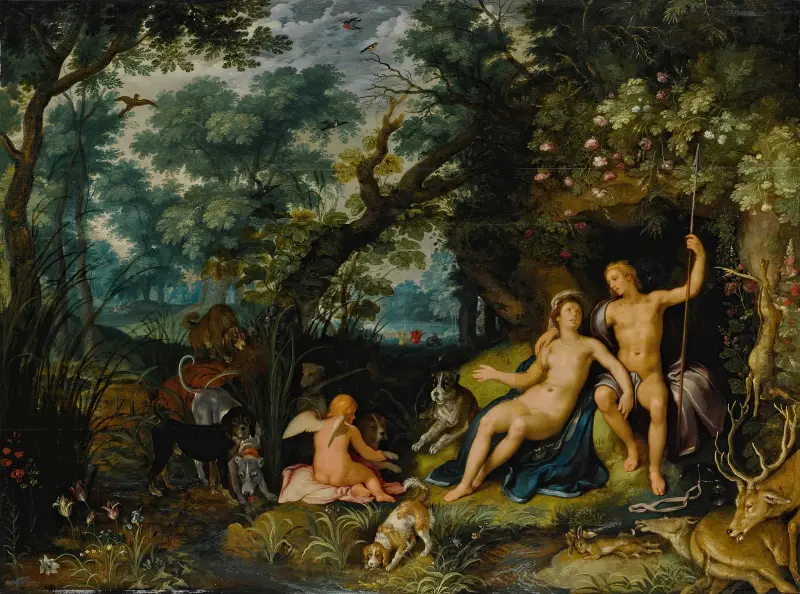 Venus och Adonis vilande i ett vidsträckt landskap, med Cupid och jakthundar och deras byte av Cornelis Cornelisz Van Haarlem