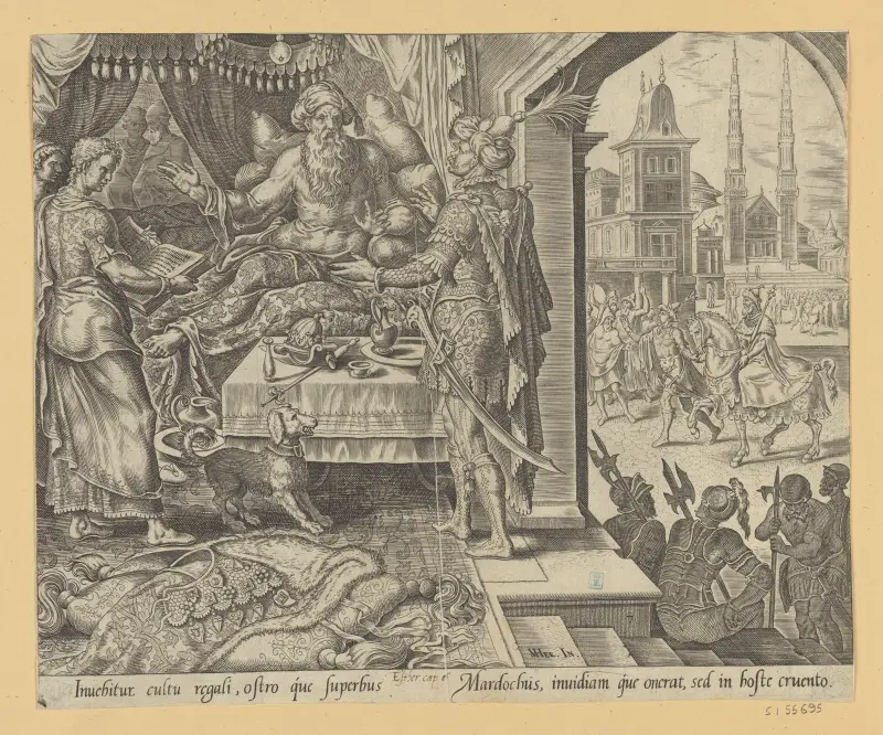Ahasverus rådgör med Haman av Maarten Van Heemskerck