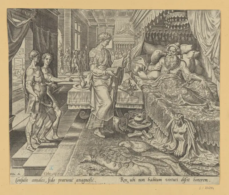 Ahasuerus rådgör med Krönikeboken av Maarten Van Heemskerck