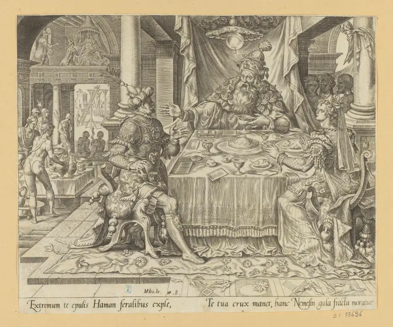 Ester anklagar Haman under banketten av Maarten Van Heemskerck