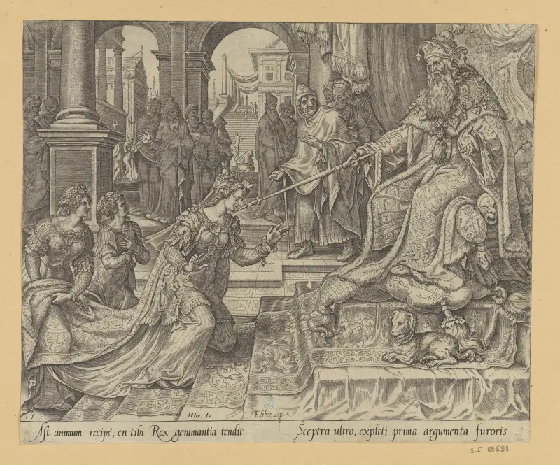 Esther vor Ahasveros, die ihn zum Gastmahl einlädt von Maarten Van Heemskerck