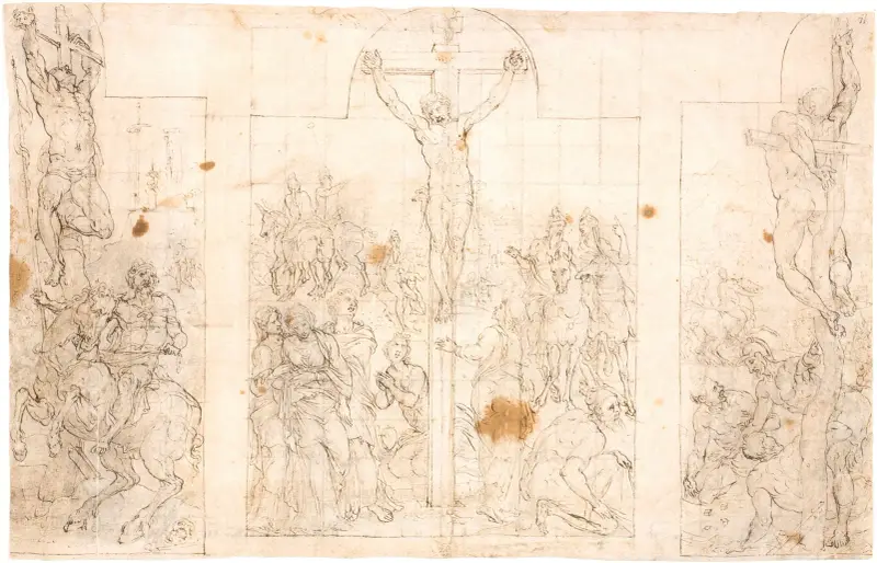 Förstudie till en tredelad altartavla föreställande korsfästelsen av Maarten Van Heemskerck