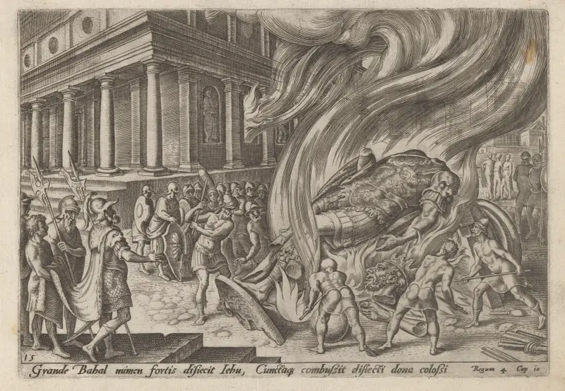 Jehu förstör Baals tempel och staty av Maarten Van Heemskerck