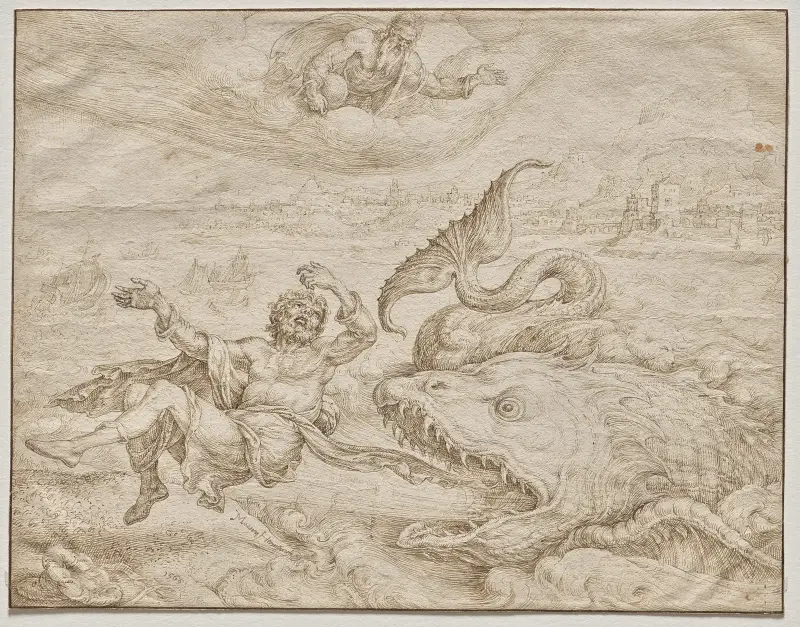 Jona, vom Wal ausgespien, am Ufer von Ninive von Maarten Van Heemskerck