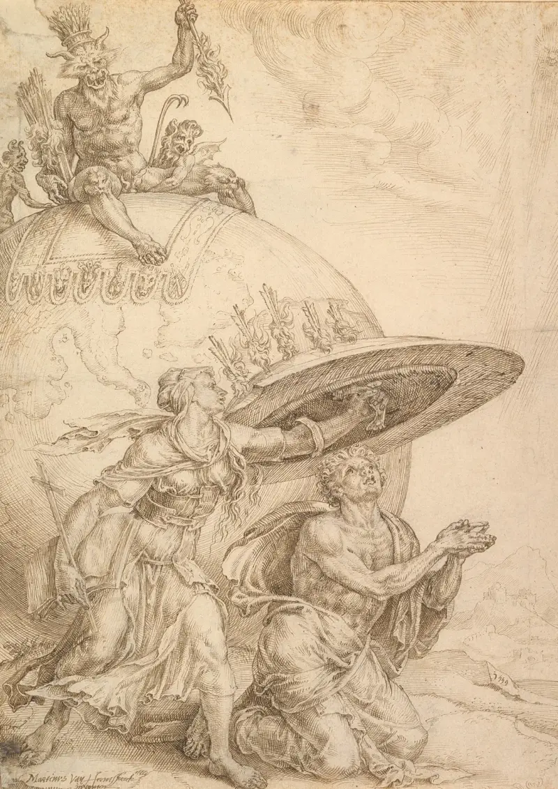 Man skyddad av trons sköld av Maarten Van Heemskerck