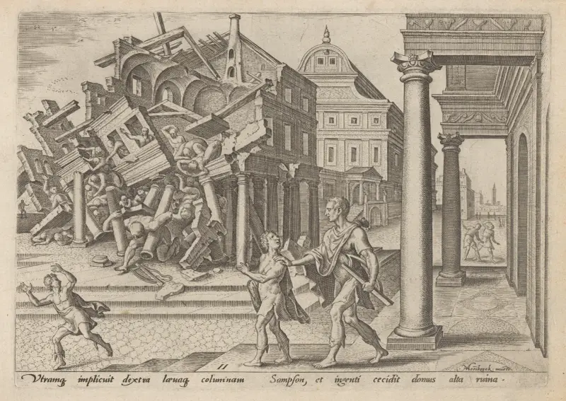 Simson, aus dem Gefängnis befreit, zerstört den Tempel der Philister von Maarten Van Heemskerck