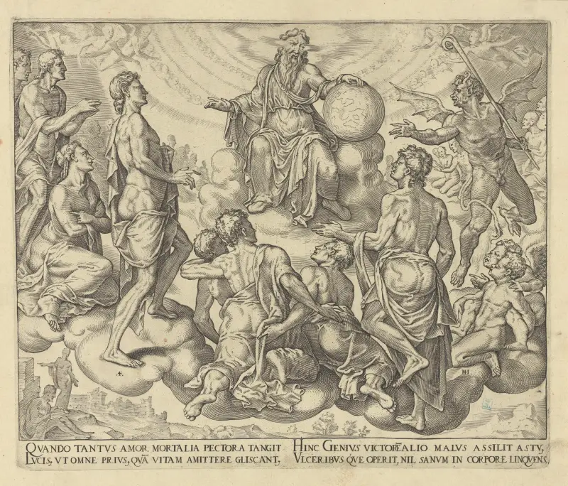 Satan utmanar Herren att ta bort sitt beskydd från Job av Maarten Van Heemskerck