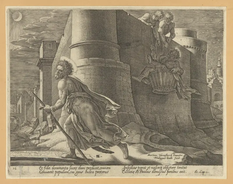 St Paul Escaping from Damascus by Night av Maarten Van Heemskerck