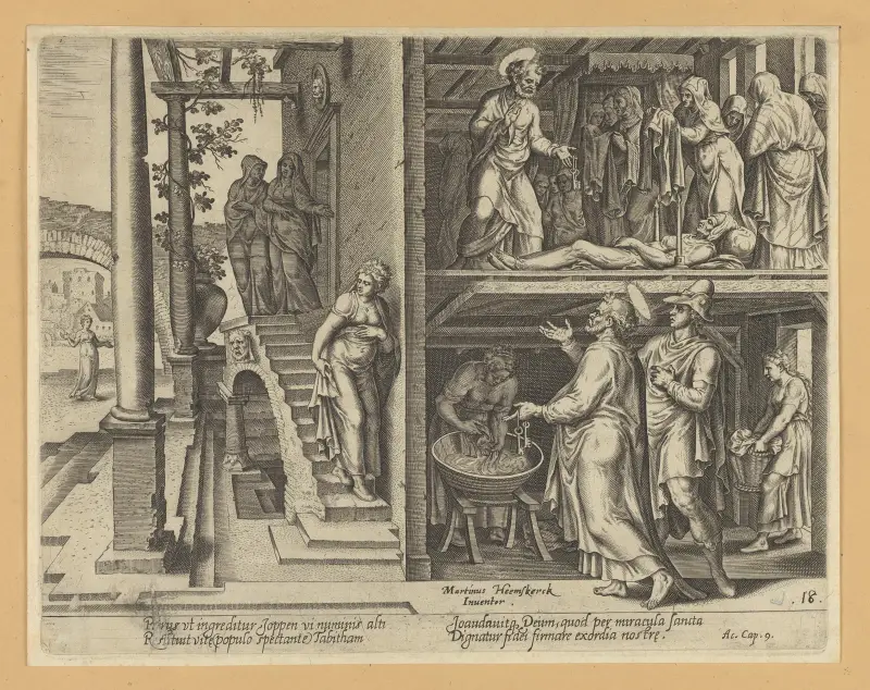 Der heilige Petrus erweckt Tabitha in Joppe von Maarten Van Heemskerck