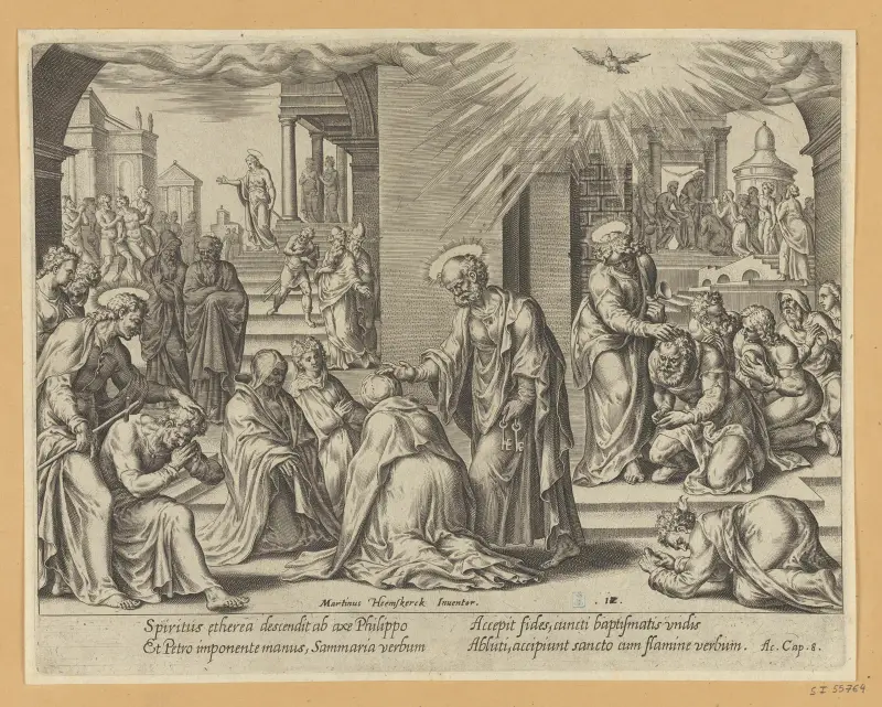 St Peter, St John and St Philip Laying Their Hands on The Baptized at Samaria av Maarten Van Heemskerck