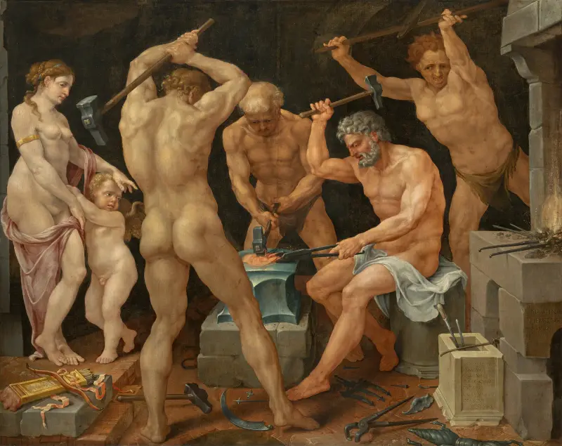 Venus and Amor in the forge of Vulcan av Maarten Van Heemskerck