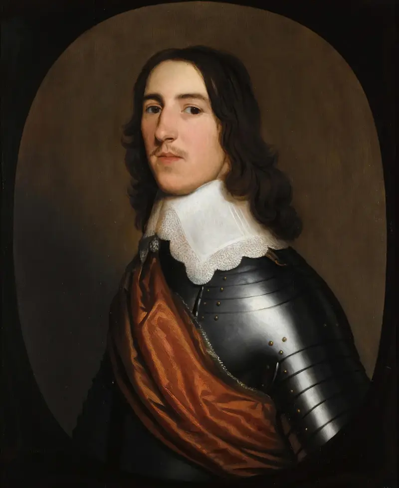 Porträtt av en gentleman, halvfigur, förmodad Sir Thomas Ogle, i rustning med vit krage och orange skärp av Gerard van Honthorst