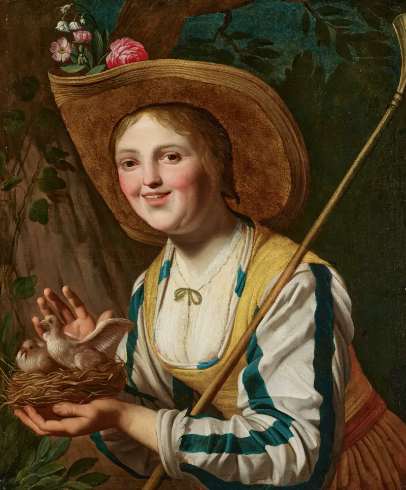 En herdinna hållande ett fågelbo av Gerard van Honthorst