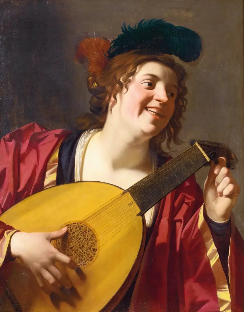 Kvinna som stämmer en luta av Gerard van Honthorst