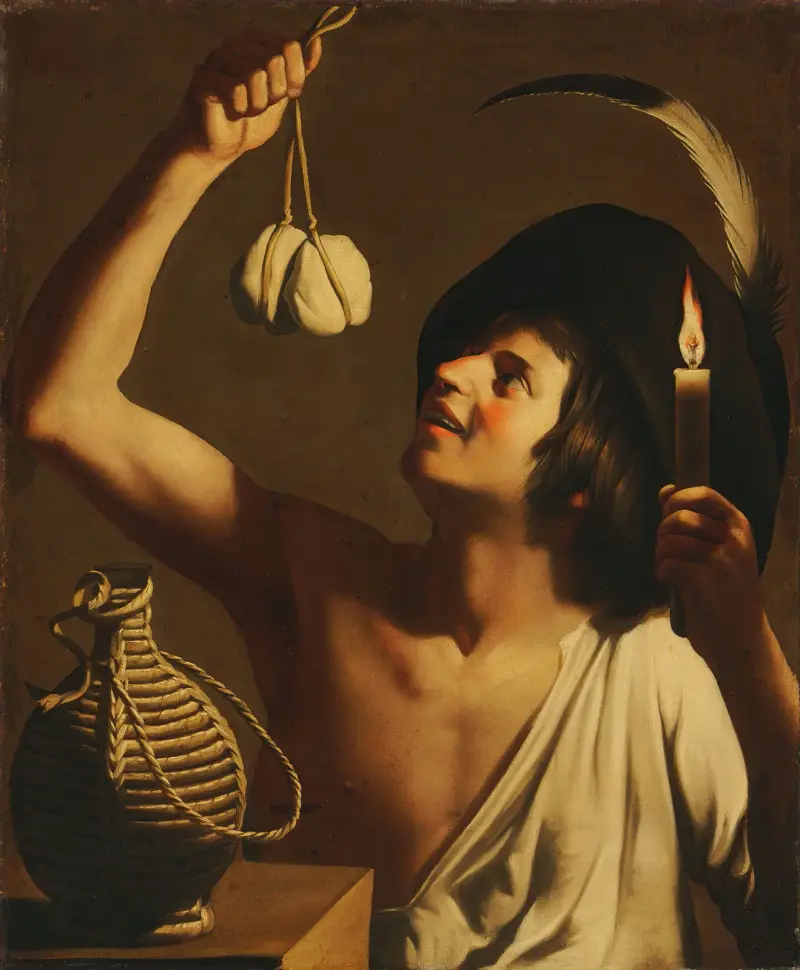 Ung man med brinnande ljus och scamorzaost, en fiascoflaska bredvid av Gerard van Honthorst