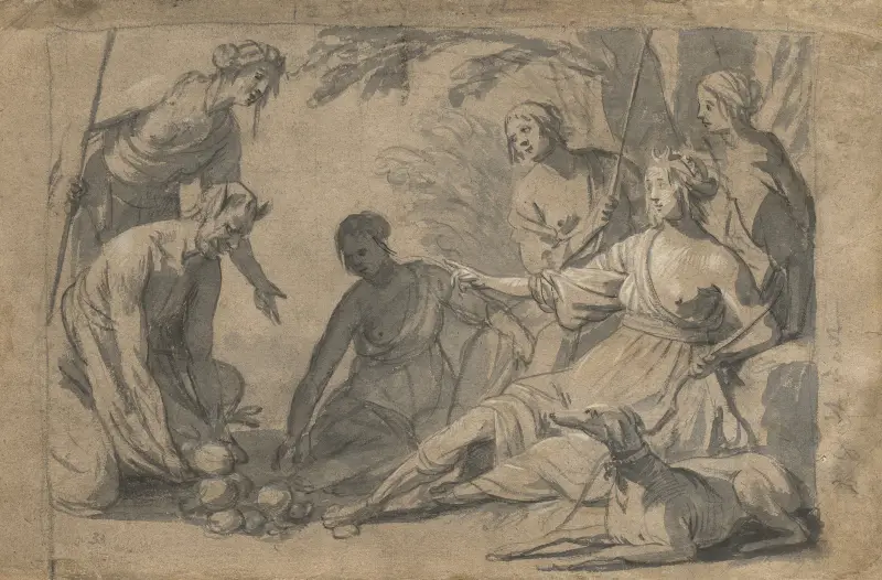Diana och fyra nymfer tar emot gåvor från en satyr av Gerard van Honthorst