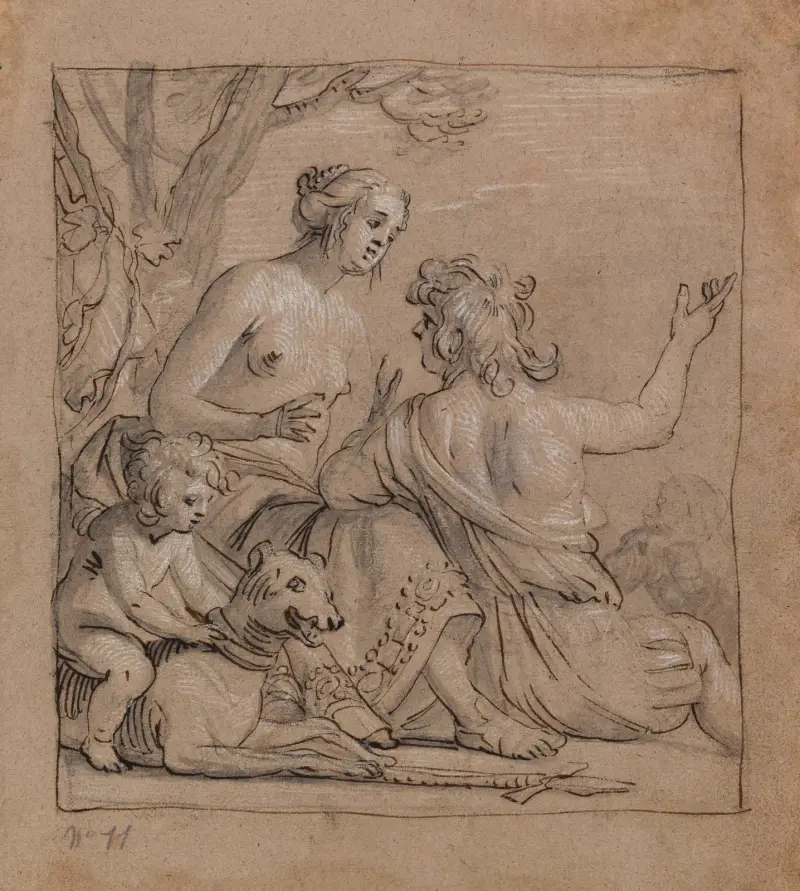 Mars and Venus in a Landscape with Eros Riding a Hound av Gerard van Honthorst