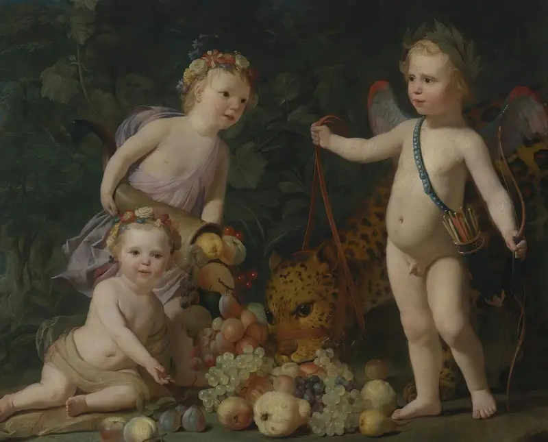 Tre barn med frukt och en jaguar av Gerard van Honthorst