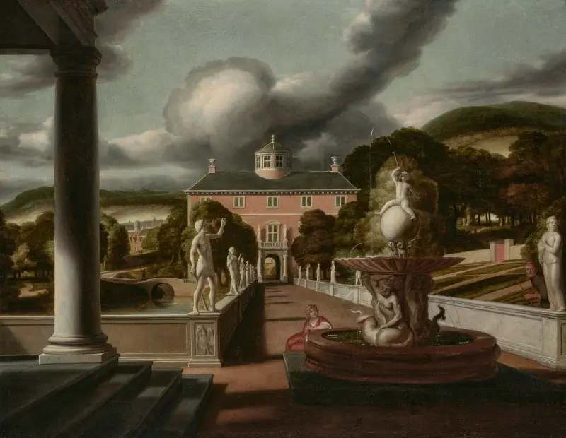 A view from a villa, with a woman seated at a fountain and an avenue of statues av Samuel van Hoogstraten