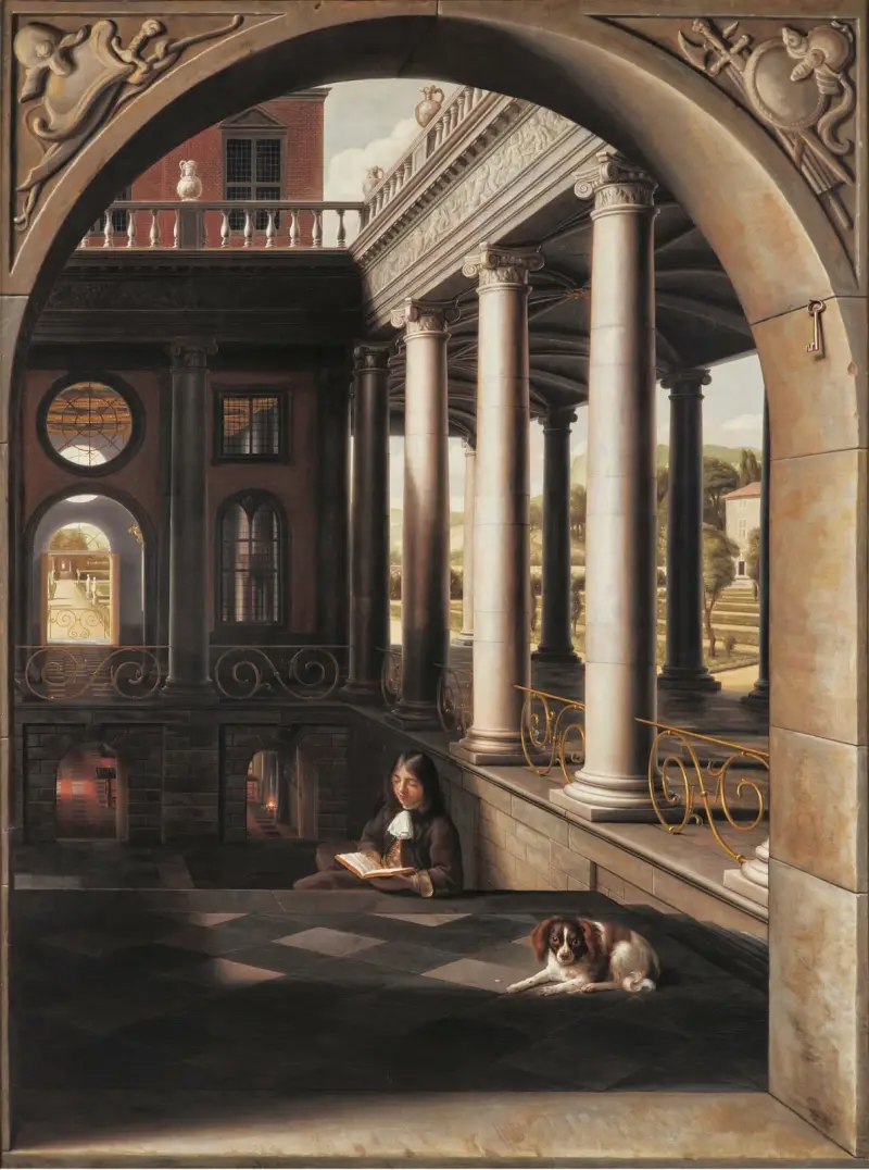 Jeune homme lisant dans un palais de style Renaissance av Samuel van Hoogstraten