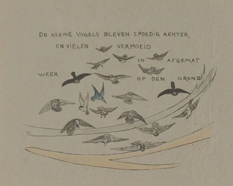 De kleine vogels bleven spoedig achter en vielen vermoeid en afgemat weer op den grond av Theo van Hoytema