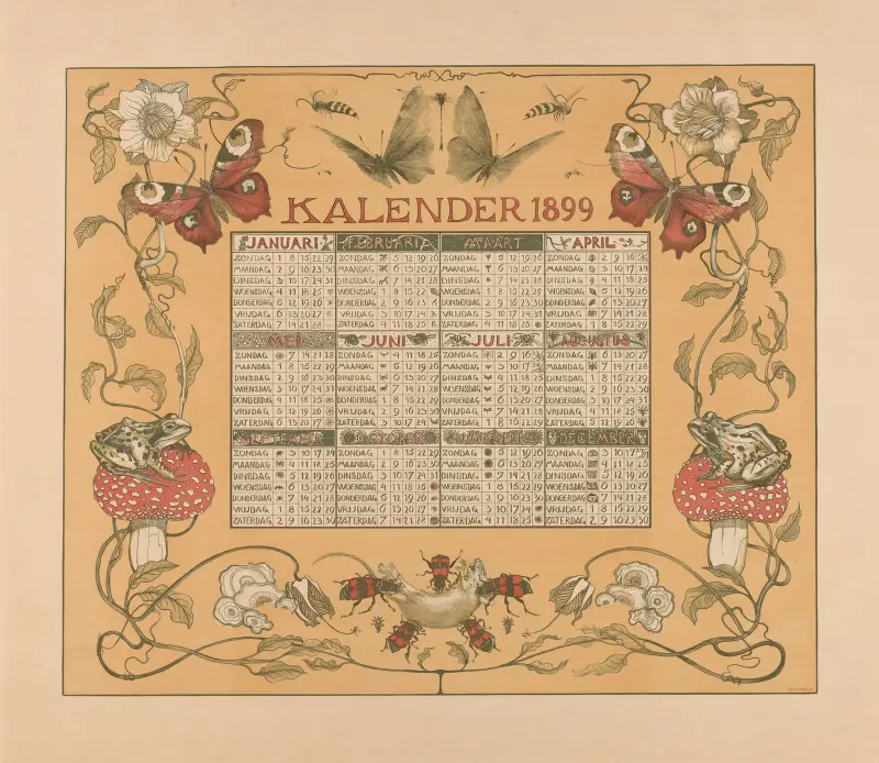 Kalender van het jaar 1899, met bloemen, insecten en kikkers., 1898 – nr 1 av Theo van Hoytema