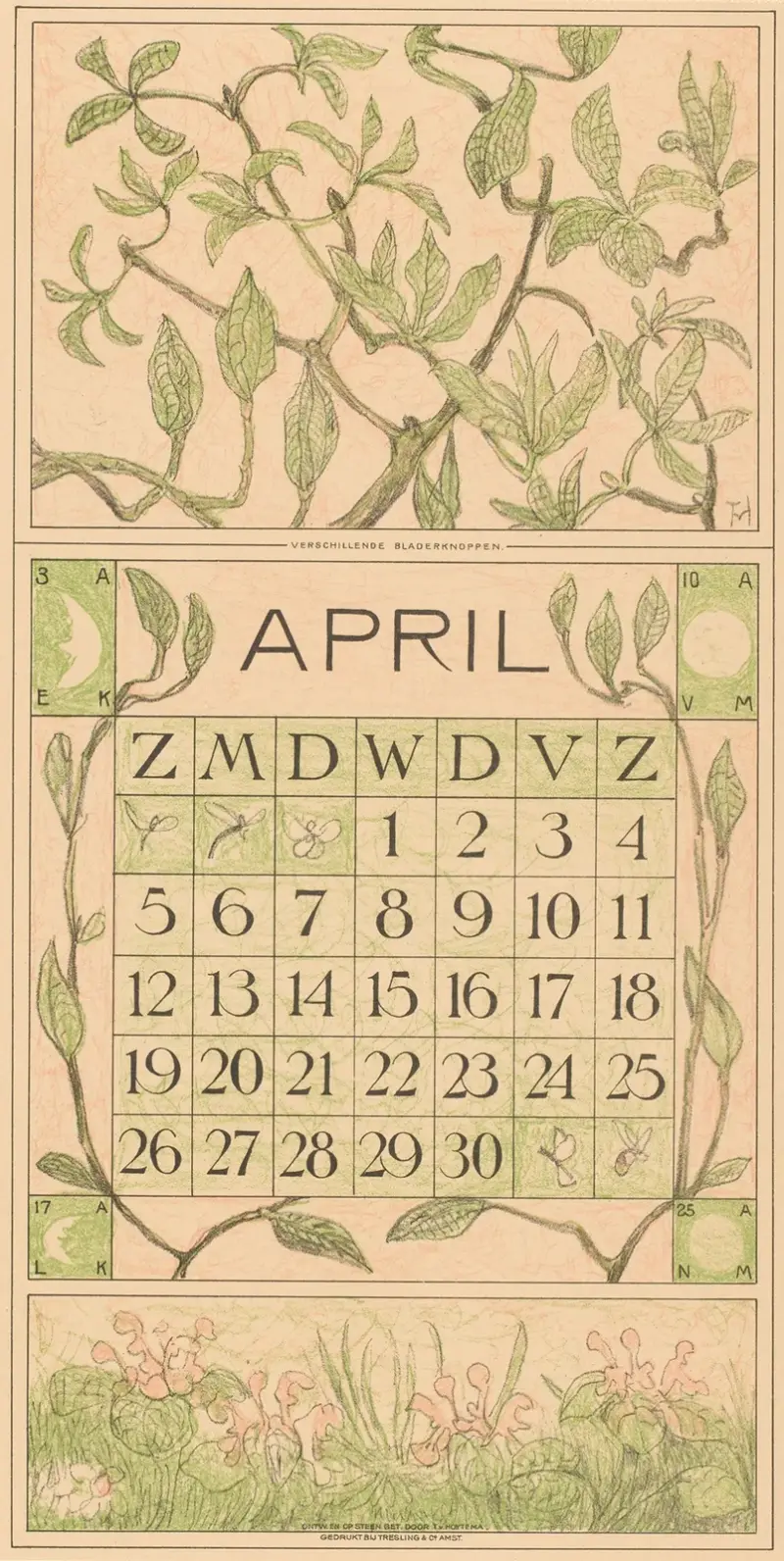 Kalenderblad april med blad av Theo van Hoytema