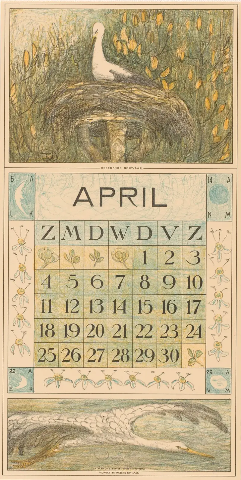 Kalenderblatt April mit Storch auf dem Nest von Theo van Hoytema