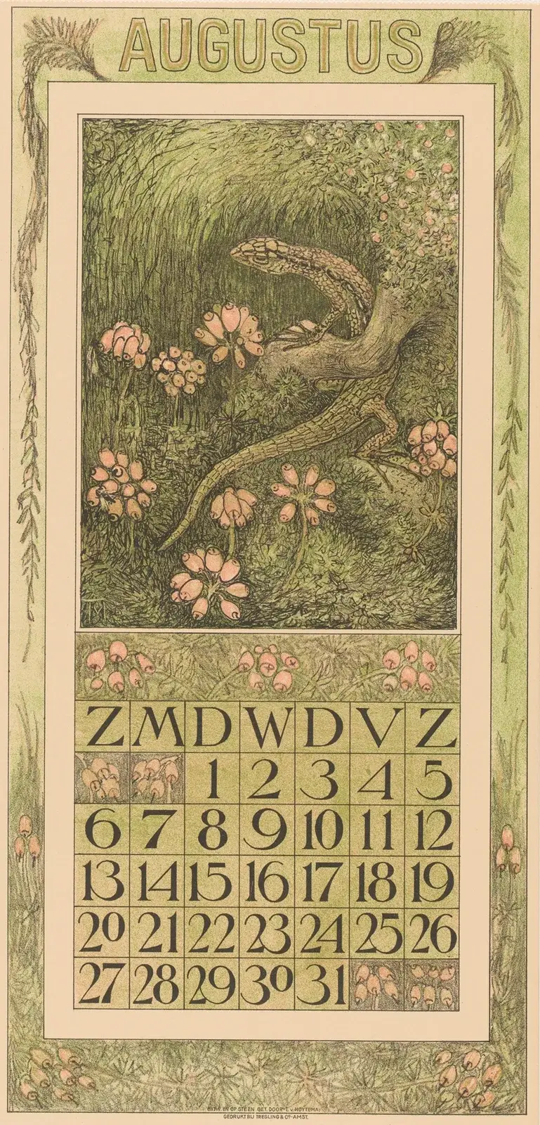 Kalenderblatt August mit Eidechse und Heidekraut von Theo van Hoytema