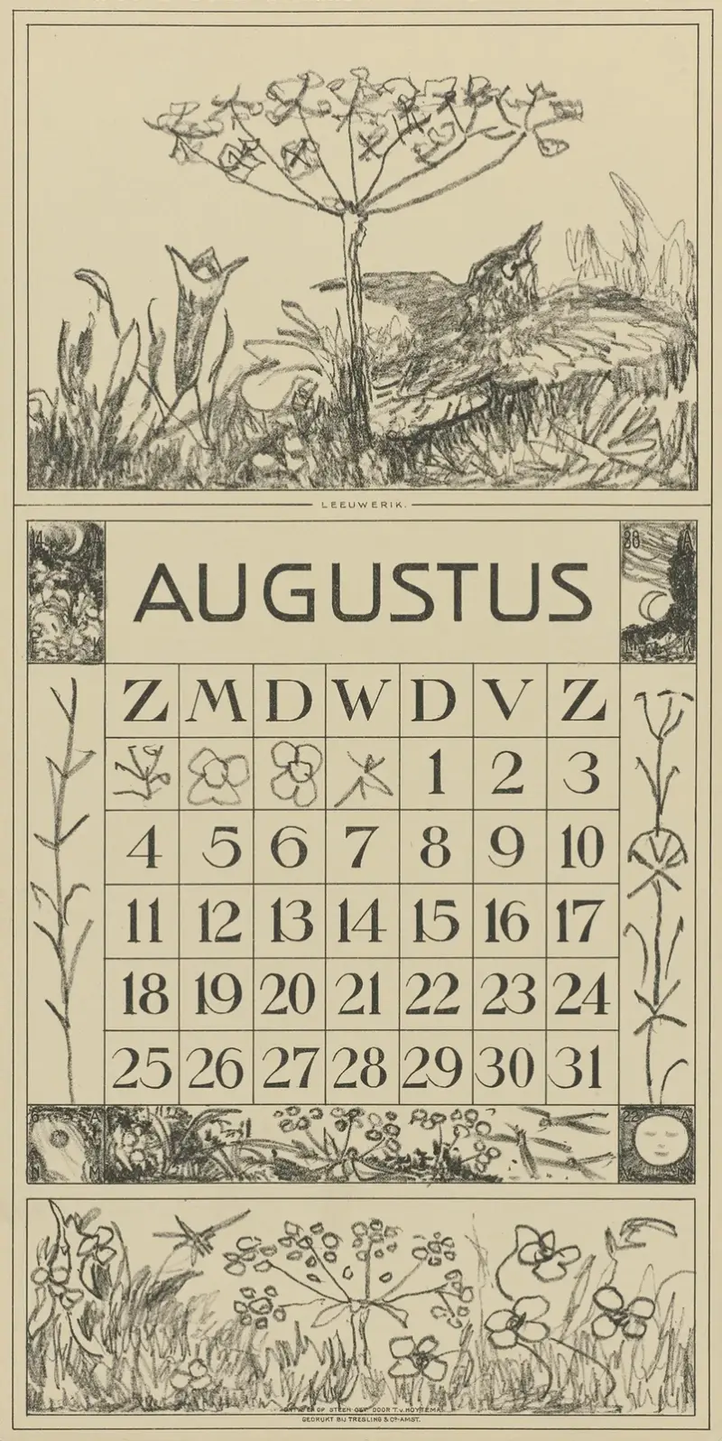 Kalenderblad augusti med lärka och blomma av Theo van Hoytema