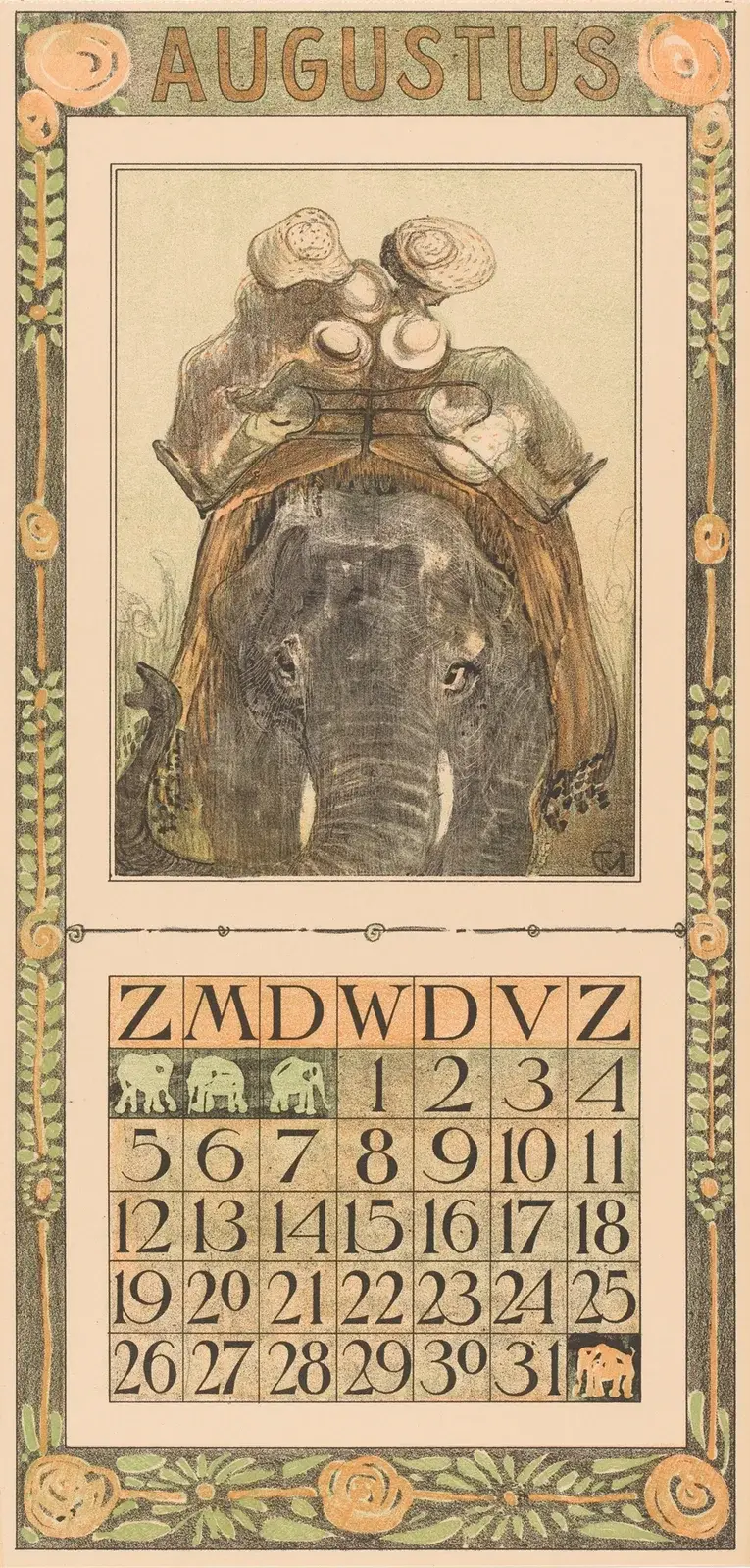 Kalenderblad augustus met olifant av Theo van Hoytema