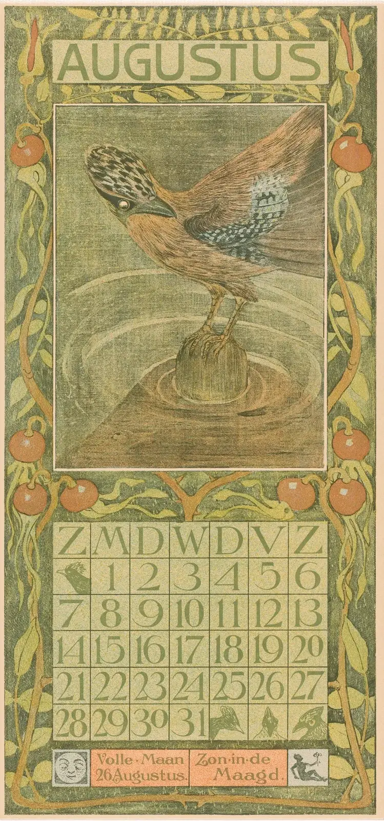 Kalenderblad augustus met Vlaamse gaai av Theo van Hoytema