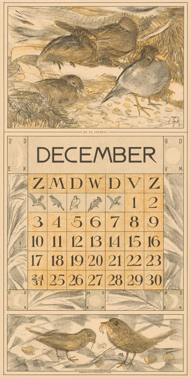 Kalenderblatt Dezember mit fressenden Vögeln von Theo van Hoytema