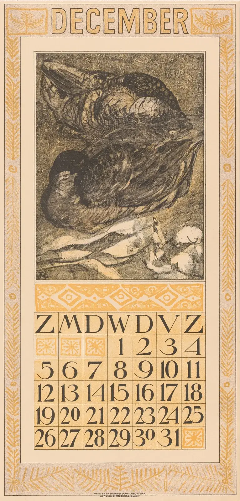 Kalenderblatt Dezember mit zwei schlafenden Enten von Theo van Hoytema