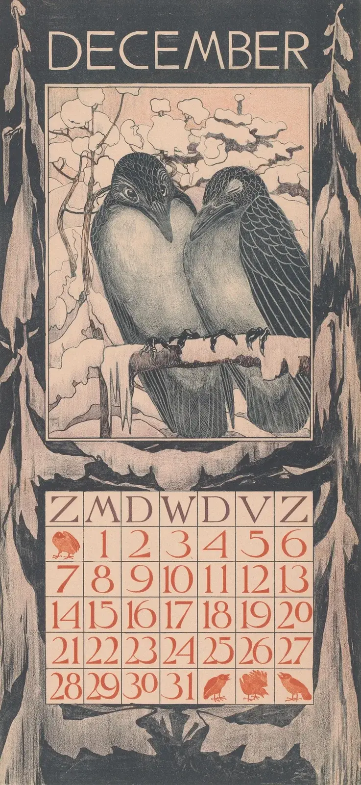 Kalenderblatt Dezember mit zwei Vögeln von Theo van Hoytema