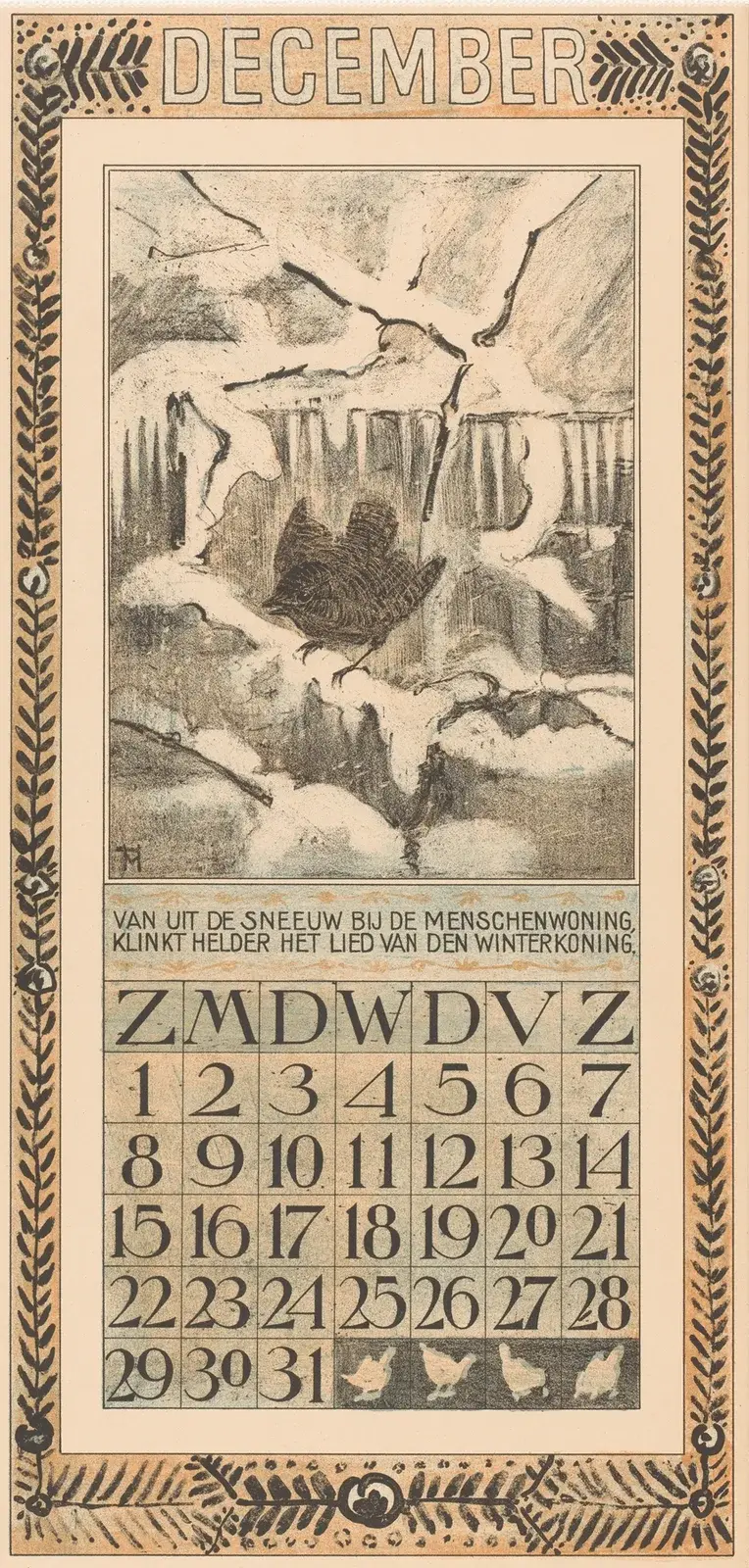 Kalenderblad december met winterkoninkje av Theo van Hoytema