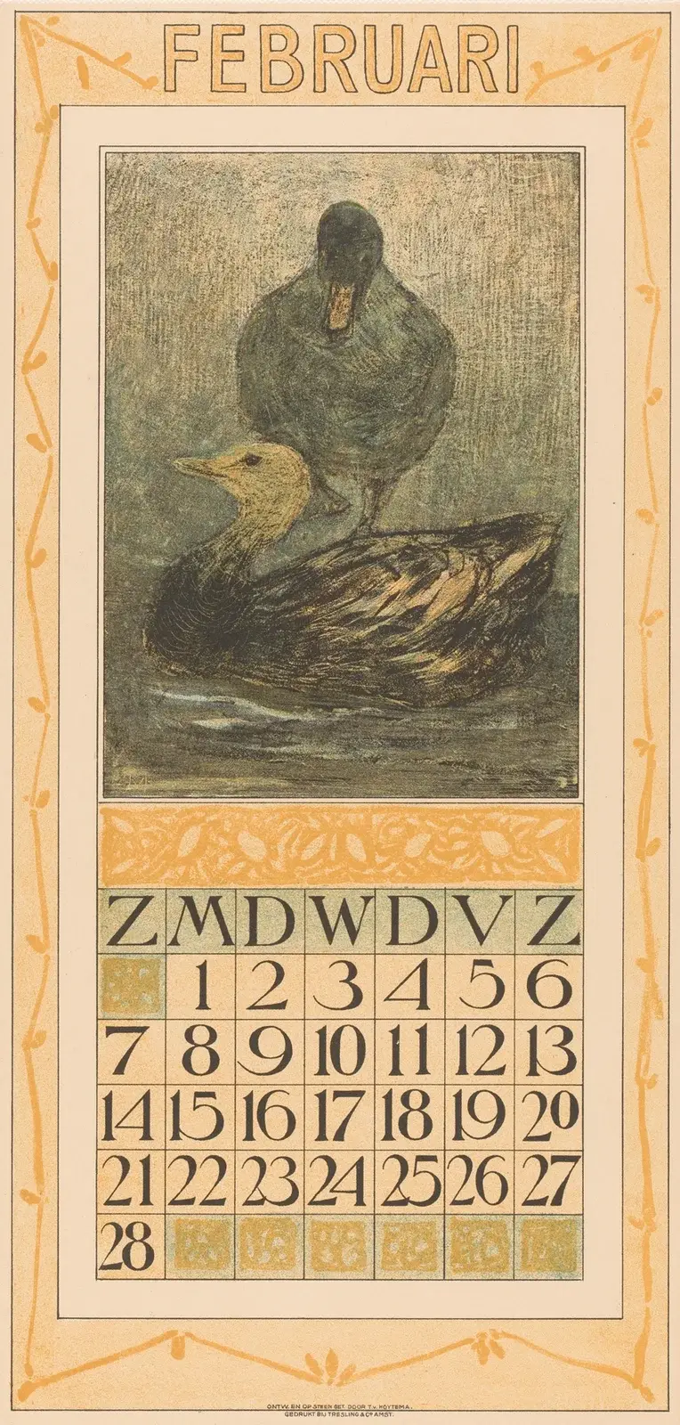 Kalenderblad februari med stående och simmande and av Theo van Hoytema