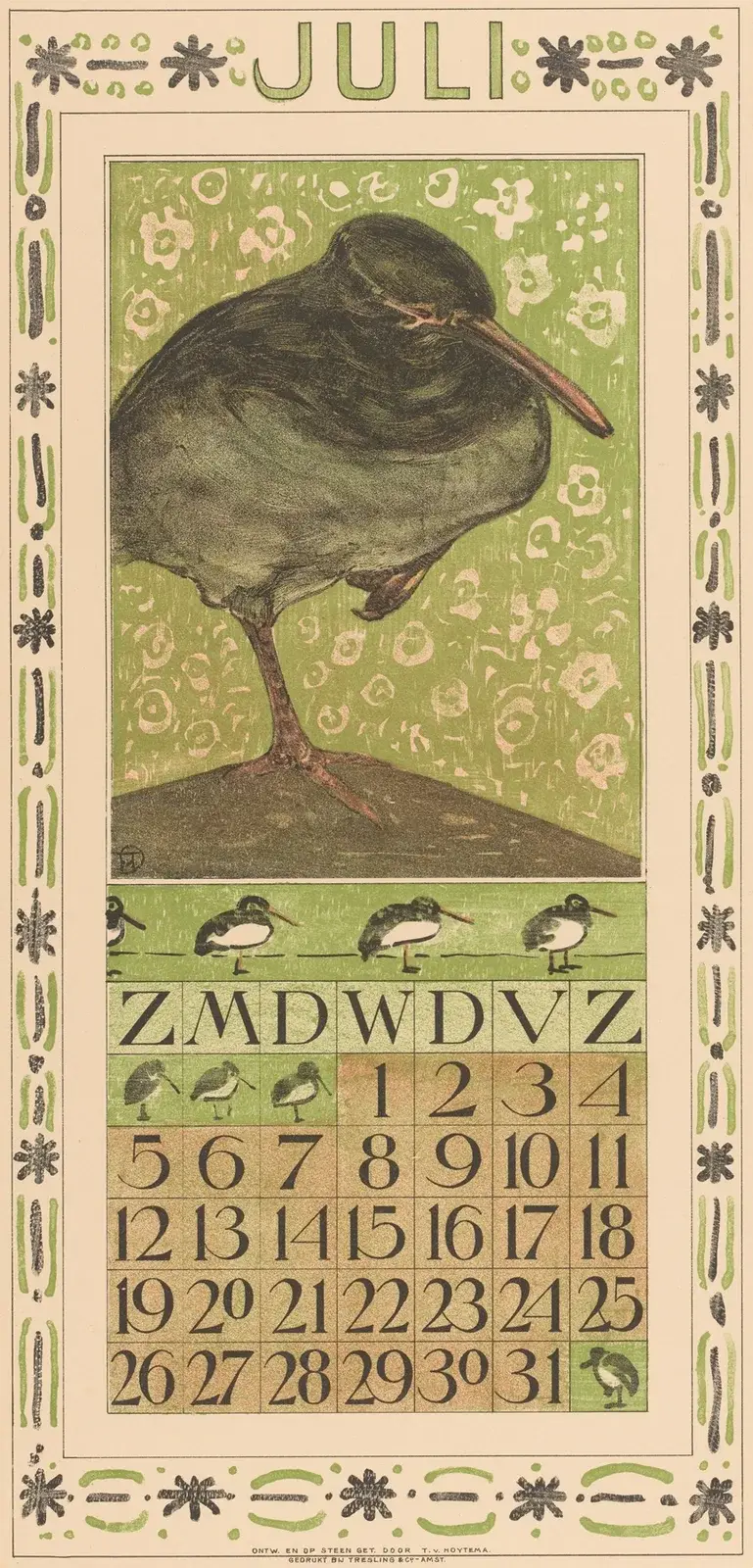 Kalendářní list červenec s ústřičníky, 1907, Theo van Hoytema