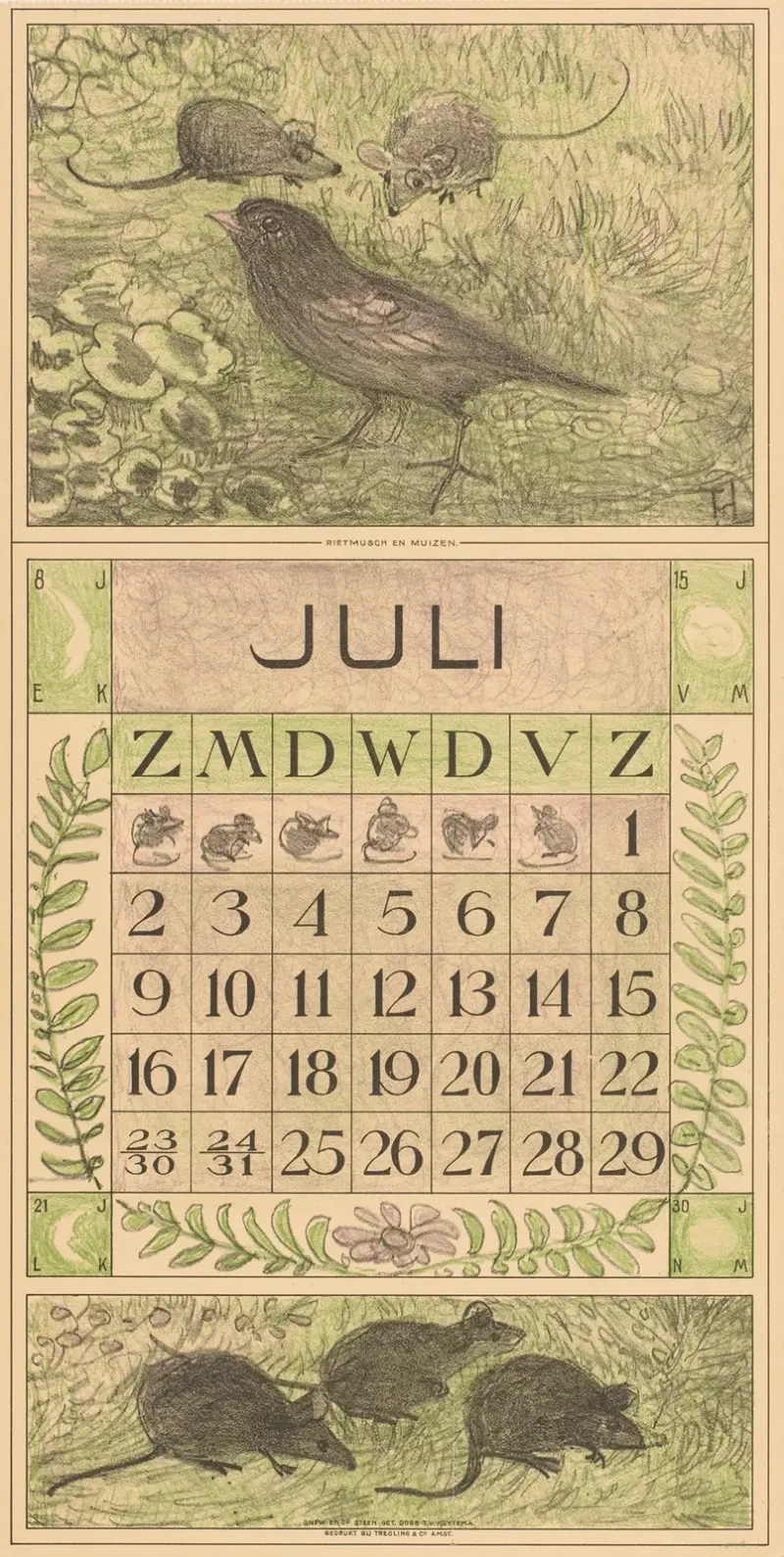Kalenderblad juli med fågel och möss av Theo van Hoytema